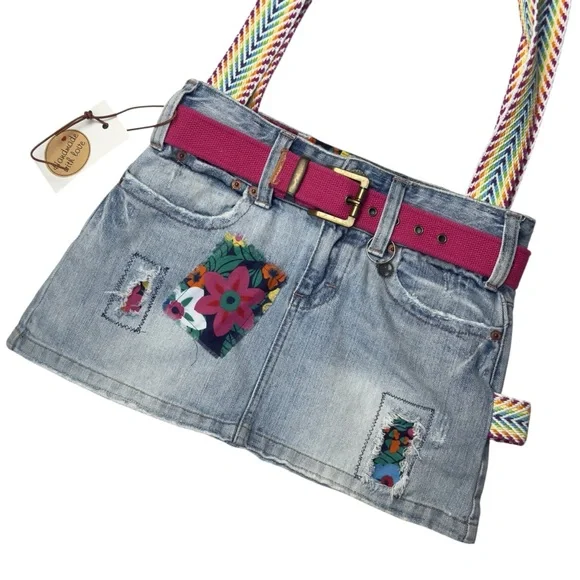 Handmade Upcycled Denim Floral Patch Mini Skirt Rainbow Strap Shoulder Bag - Picture 4 of 13